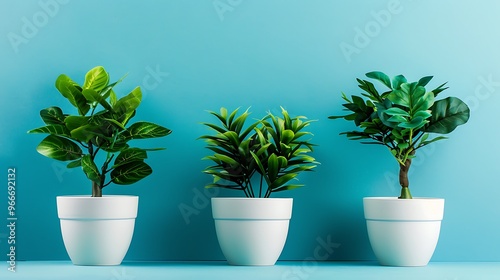 plastic green plants in pots for home decoration on blue background