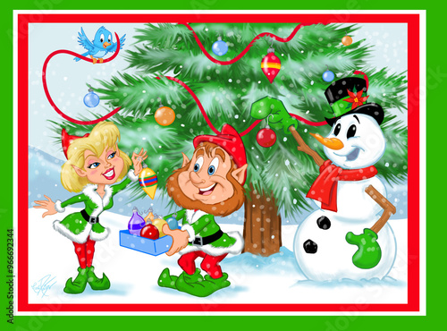 Santa's elves and snowman decorating a Christmas tree