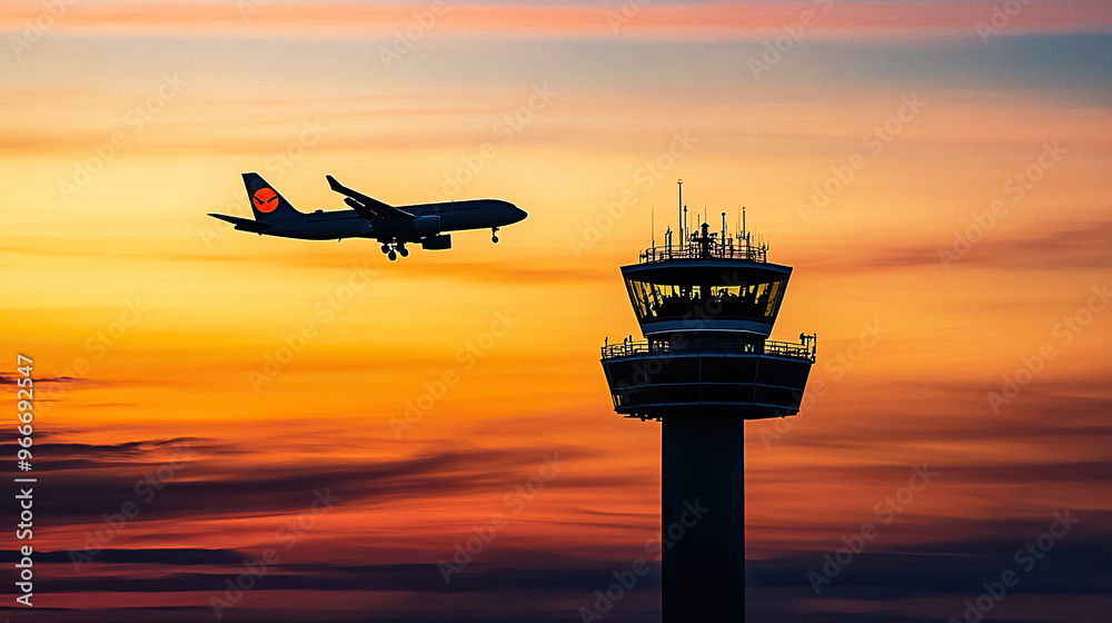 Silhouette of an airplane flying over the control tower at sunset Silhouette of an airplane flying over the control tower at sunset