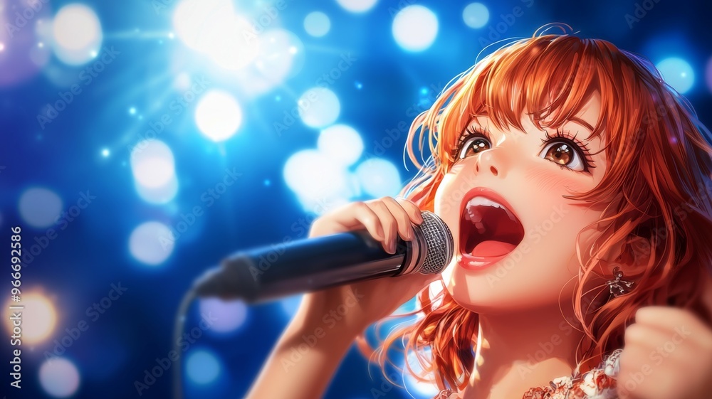 A girl singing into a microphone with a microphone in her hand A girl singing into a microphone with a microphone in her hand