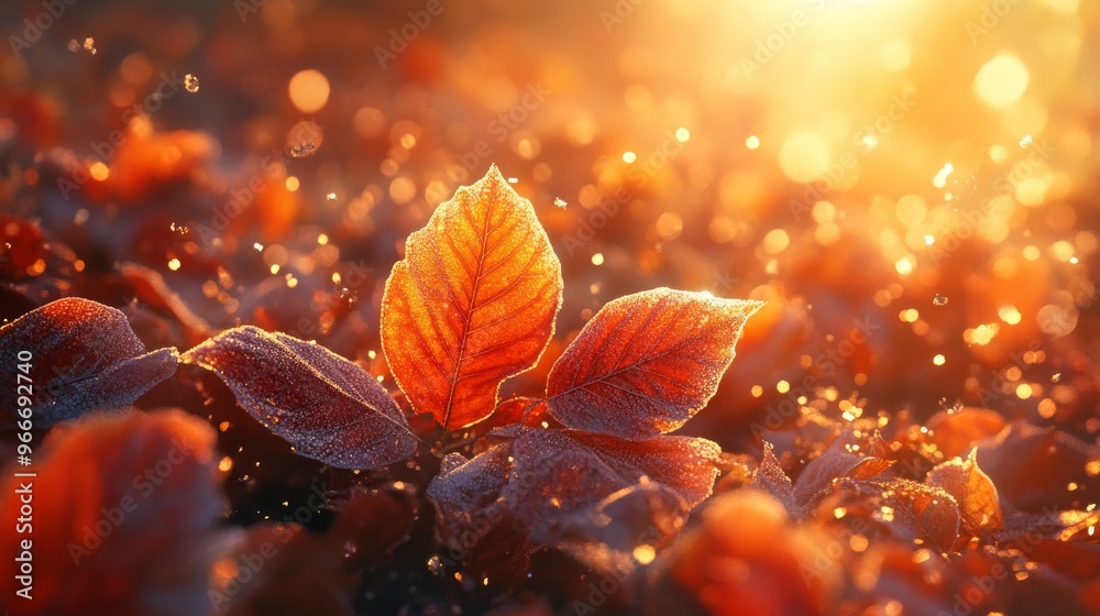 Frosted Autumn Leaves Glowing in Sunlight Frosted Autumn Leaves Glowing in Sunlight