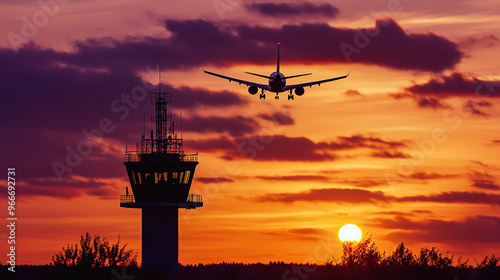 Silhouette of an airplane flying over the control tower at sunset