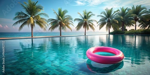 A serene pool with a pink ring and a palm tree in the background