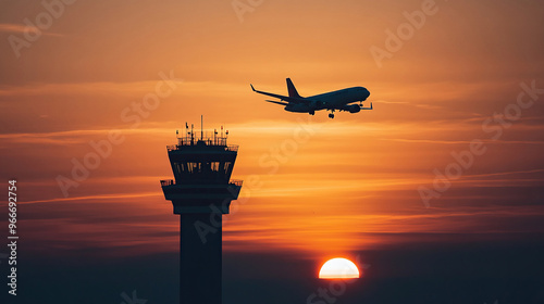 Silhouette of an airplane flying over the control tower at sunset