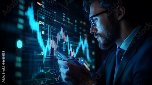 Businessman analyzing stock market data on digital screens