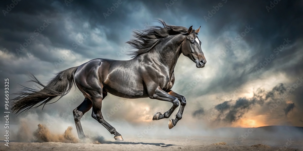 Dynamic image of a powerful black horse galloping with grace and strength Dynamic image of a powerful black horse galloping with grace and strength