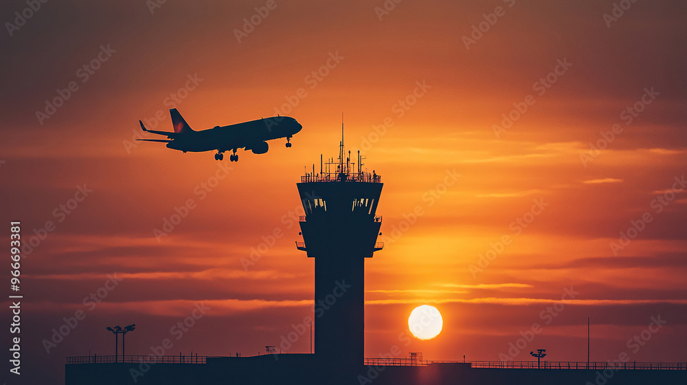 Silhouette of an airplane flying over the control tower at sunset Silhouette of an airplane flying over the control tower at sunset