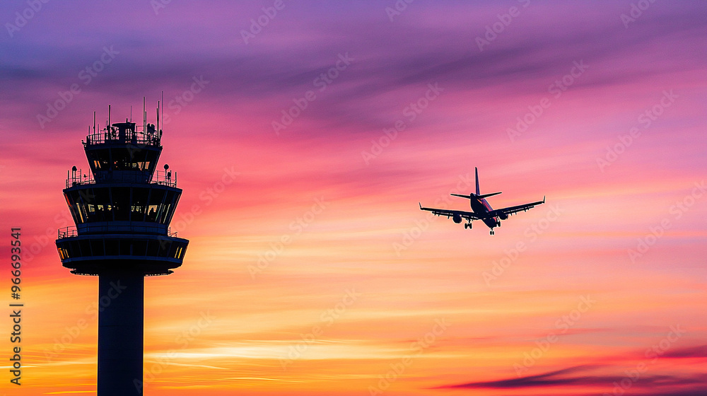 Silhouette of an airplane flying over the control tower at sunset Silhouette of an airplane flying over the control tower at sunset
