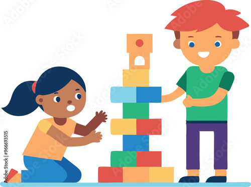 A boy and a girl are playing with blocks. The boy is helping the girl build a tower
