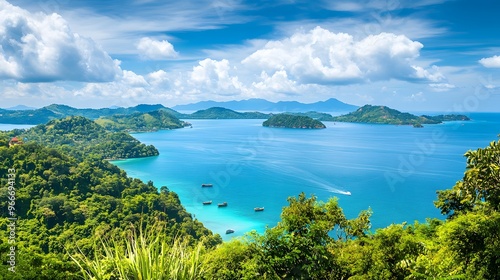 A panoramic view of a tropical bay with lush green islands, clear turquoise water, and a white sandy beach. The sky is a beautiful blue with white clouds.