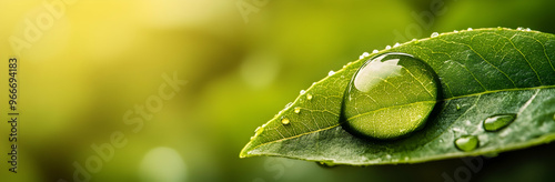 Close up of a raindrop on a leaf, green panoramic nature and environment background    photo