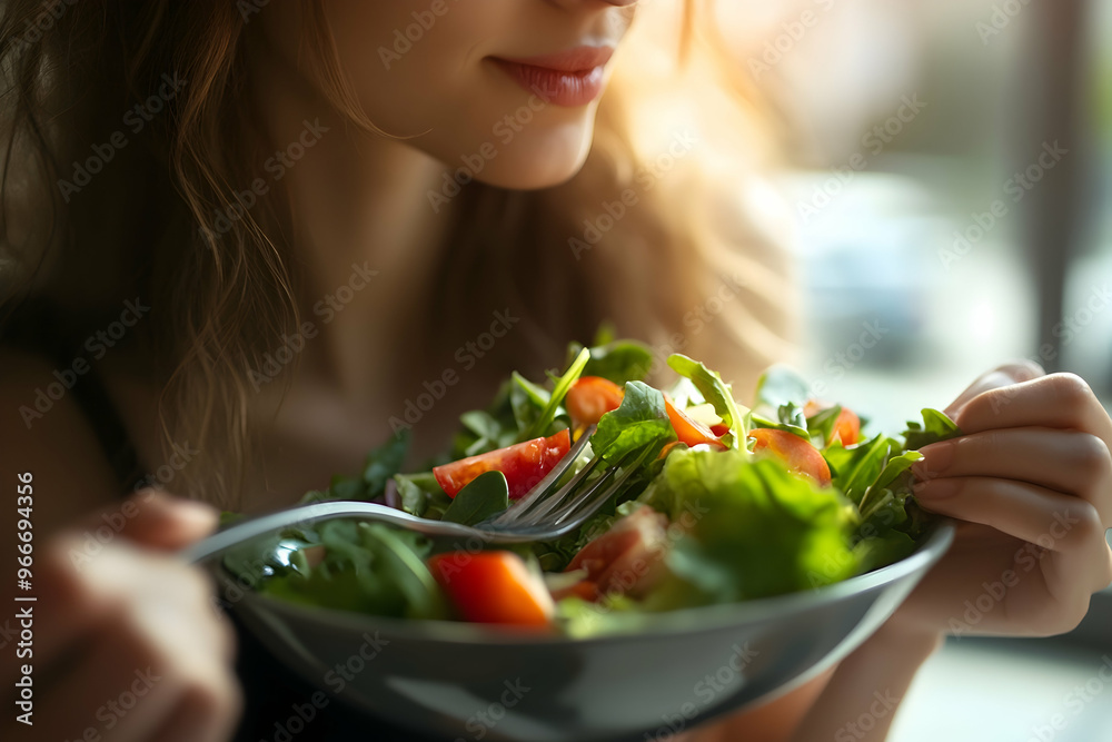 Closeup woman eating healthy food salad, focus on salad and fork. Closeup woman eating healthy food salad, focus on salad and fork.