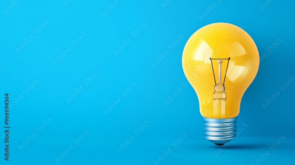 A yellow light bulb is lit up on a blue background A yellow light bulb is lit up on a blue background