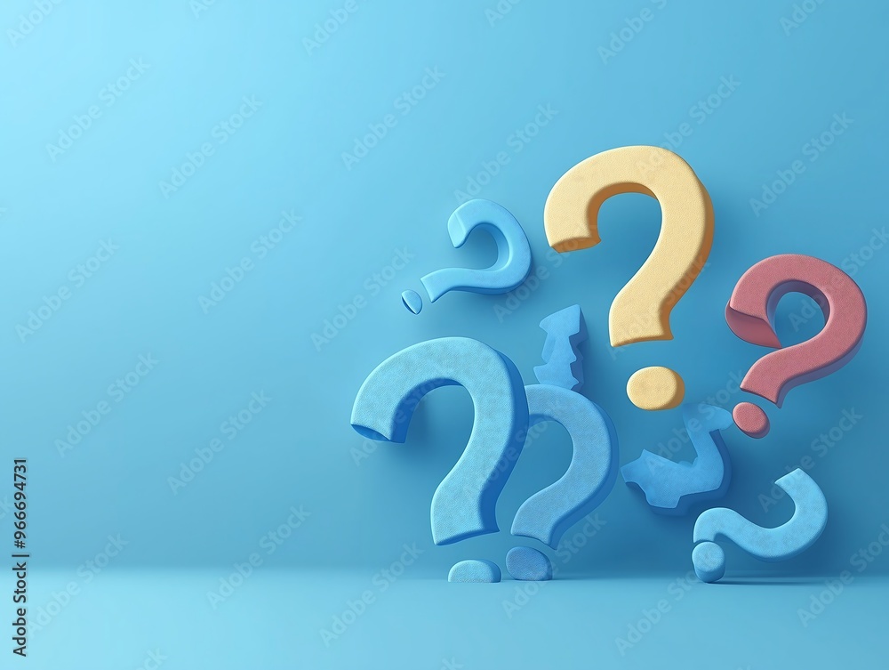 Colorful question marks on blue background, symbolizing curiosity and questions Colorful question marks on blue background, symbolizing curiosity and questions
