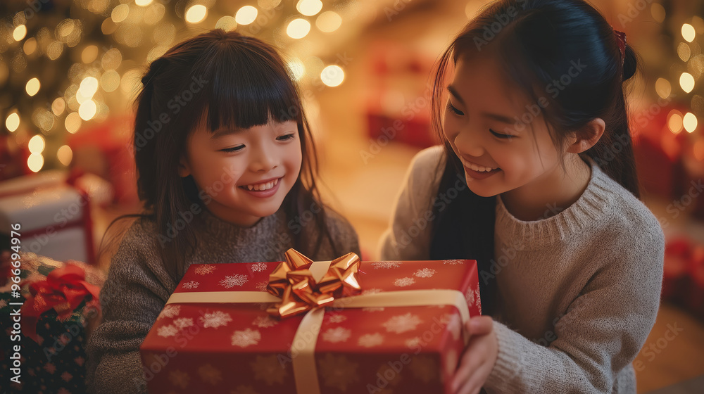 Two smiling Asian siblings exchange a beautifully wrapped Christmas present, sitting by a glowing tree. The festive atmosphere is filled with the warmth of holiday lights and joyful moments. Two smiling Asian siblings exchange a beautifully wrapped Christmas present, sitting by a glowing tree. The festive atmosphere is filled with the warmth of holiday lights and joyful moments.