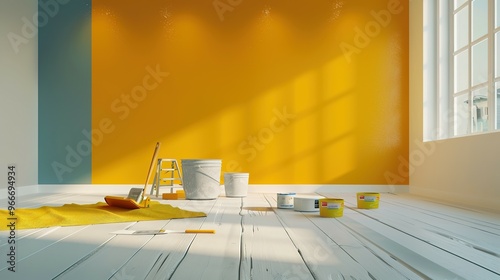 Residential or Commercial Spaces: Empty Room with Painting Equipment, Brushes, and Colors for Wall Renovation During Home or Office Construction Project – Process of Reconstruction and Improvement photo