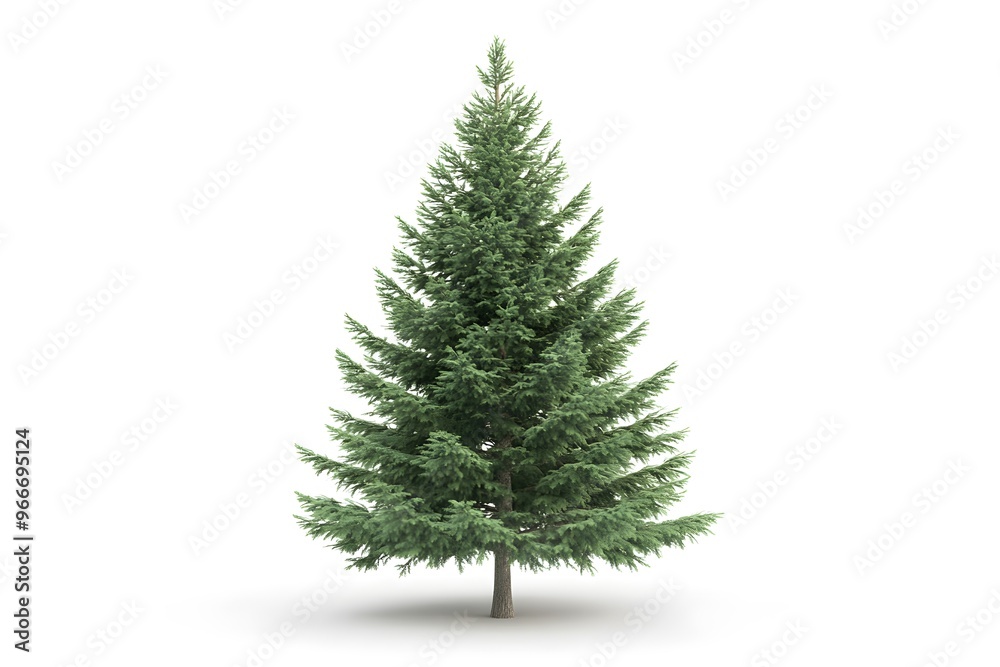 Obraz premium A tall, green fir tree with a thick trunk and lush branches, isolated on a white background.