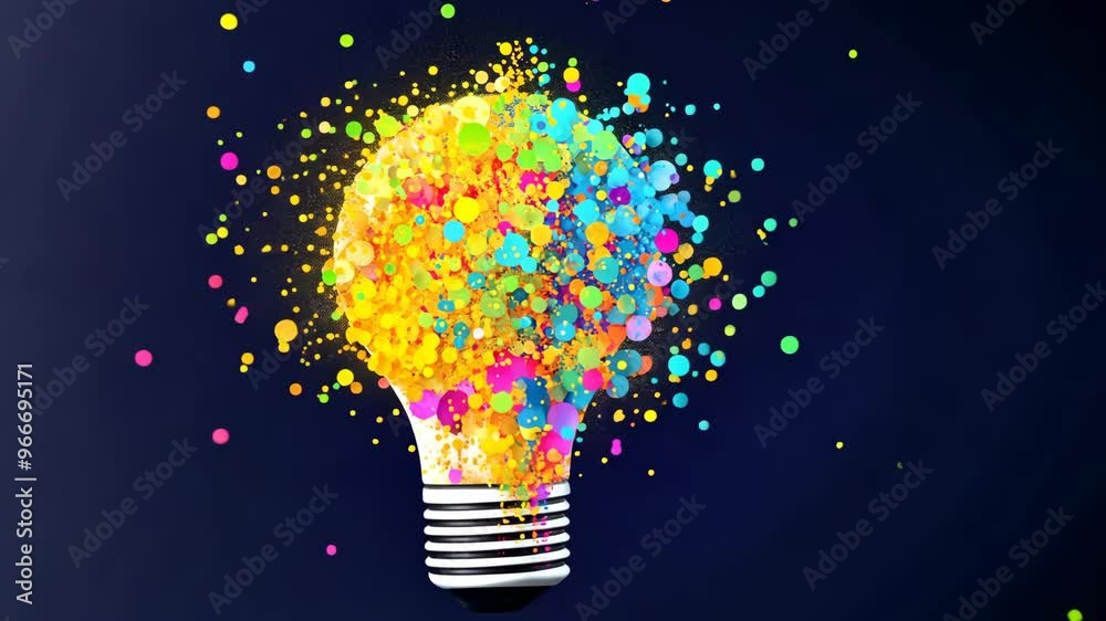 Creative concept of a lightbulb bursting with vibrant colors, symbolizing ideas and innovation

