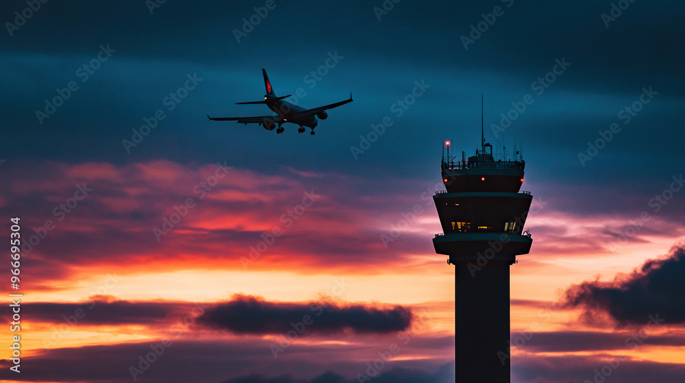 Silhouette of an airplane flying over the control tower at sunset Silhouette of an airplane flying over the control tower at sunset