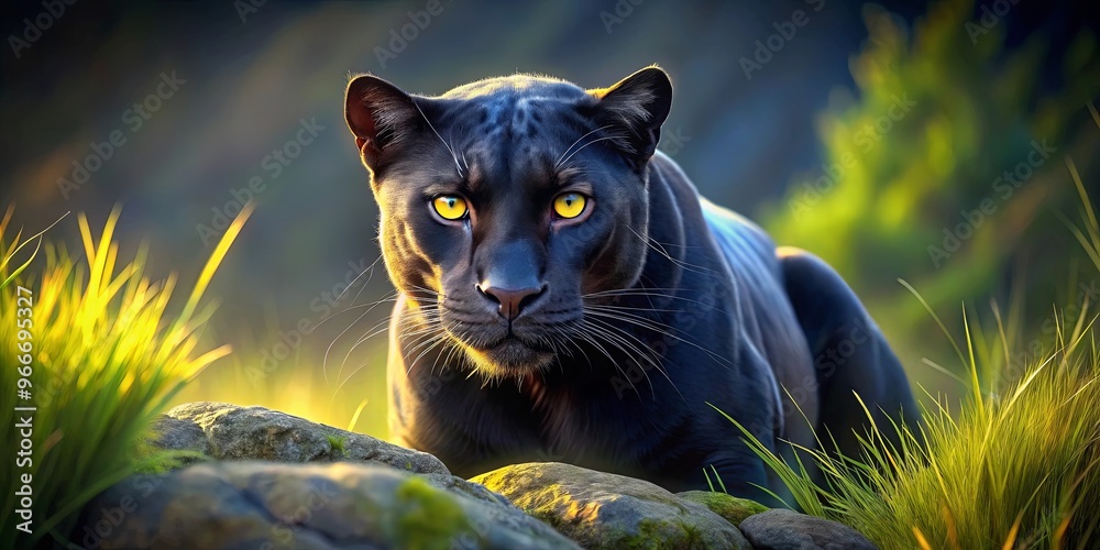 Obraz premium A striking painting of a black panther in a grassy field with glowing yellow eyes, set against a rocky backdrop