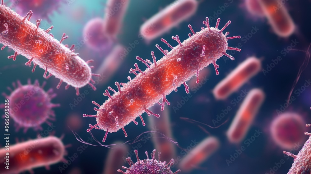 Close up of bacteria and virus cells. Biology, Science medicine background Close up of bacteria and virus cells. Biology, Science medicine background