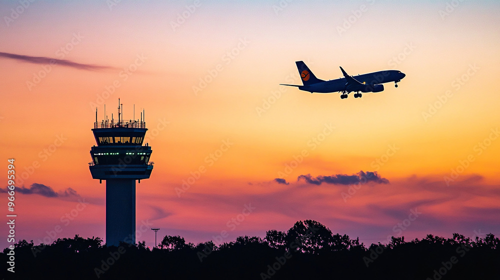 Silhouette of an airplane flying over the control tower at sunset Silhouette of an airplane flying over the control tower at sunset