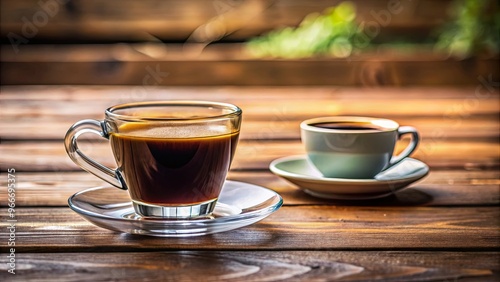 Close-up of a glass of freshly brewed coffee and a ceramic cup on a wooden table