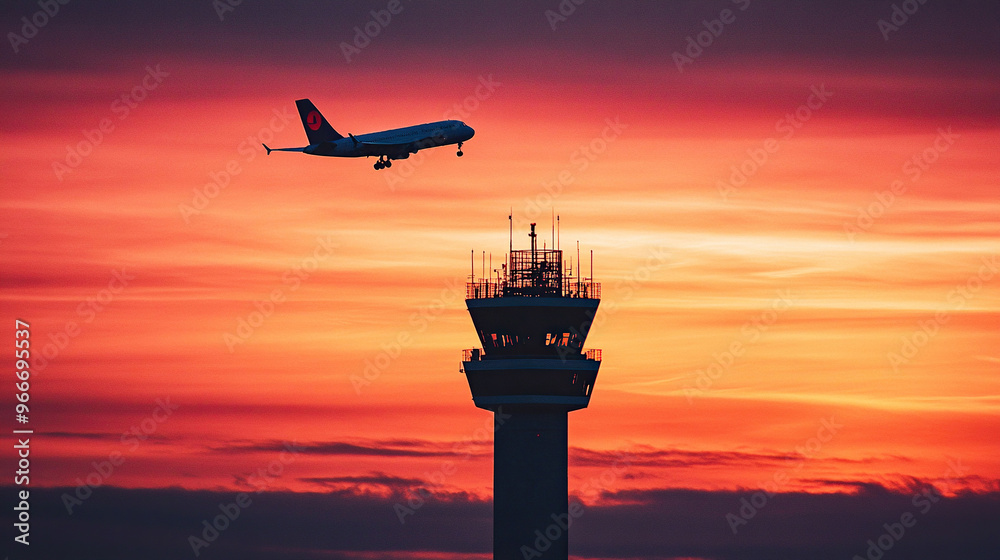 Silhouette of an airplane flying over the control tower at sunset Silhouette of an airplane flying over the control tower at sunset