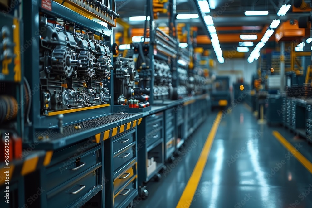 Motor vehicle repair shop with engine fixation and mobile tool rack for efficient services Motor vehicle repair shop with engine fixation and mobile tool rack for efficient services