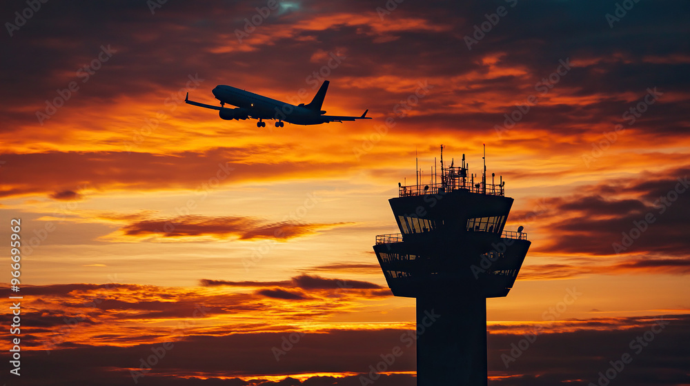 Silhouette of an airplane flying over the control tower at sunset Silhouette of an airplane flying over the control tower at sunset