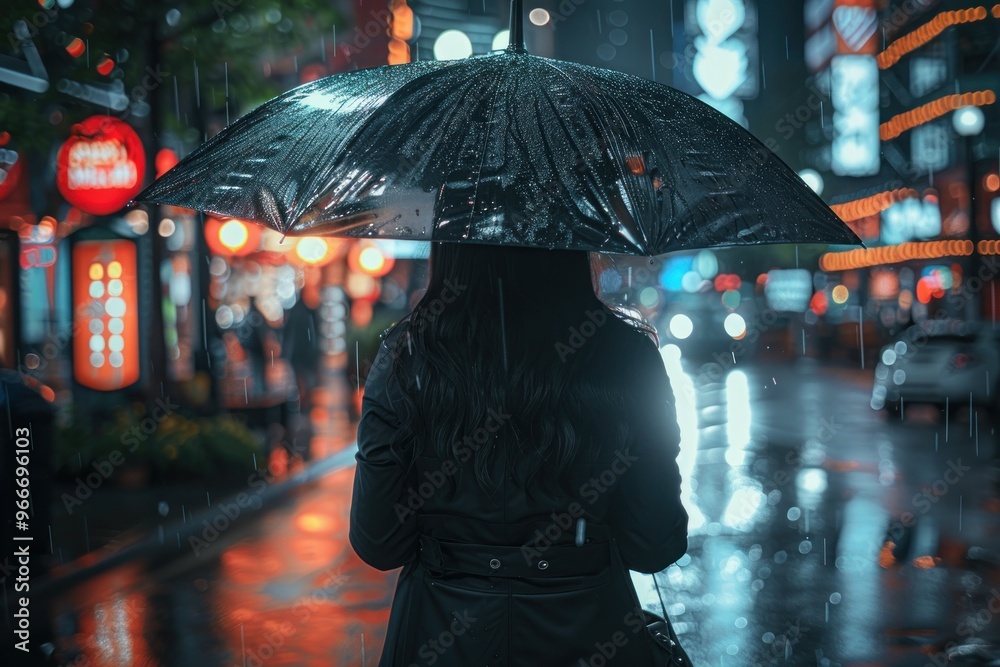 Obraz premium A lone woman walks through a rainy city street at night, holding an umbrella above her head. The city lights reflect in the wet pavement.