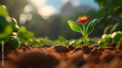 A single red flower blooms in the soft, brown soil, bathed in the warm glow of the morning sun. The background is blurred, suggesting a field of other plants and the promise of growth. photo