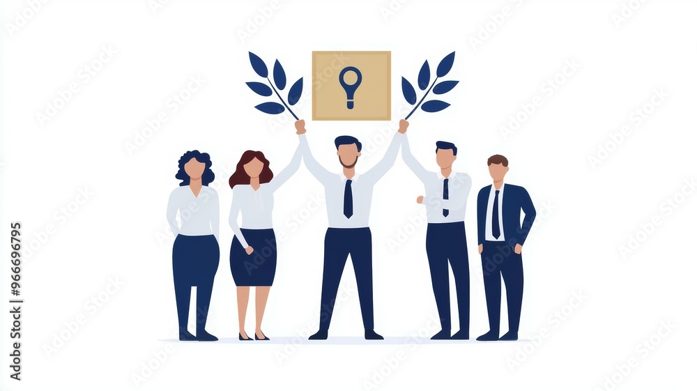 A group of people are holding a box with a leafy symbol on it