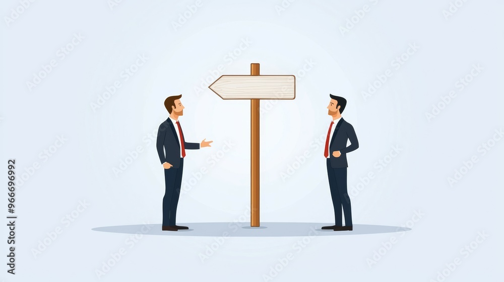 Two men are standing next to a wooden signpost Two men are standing next to a wooden signpost
