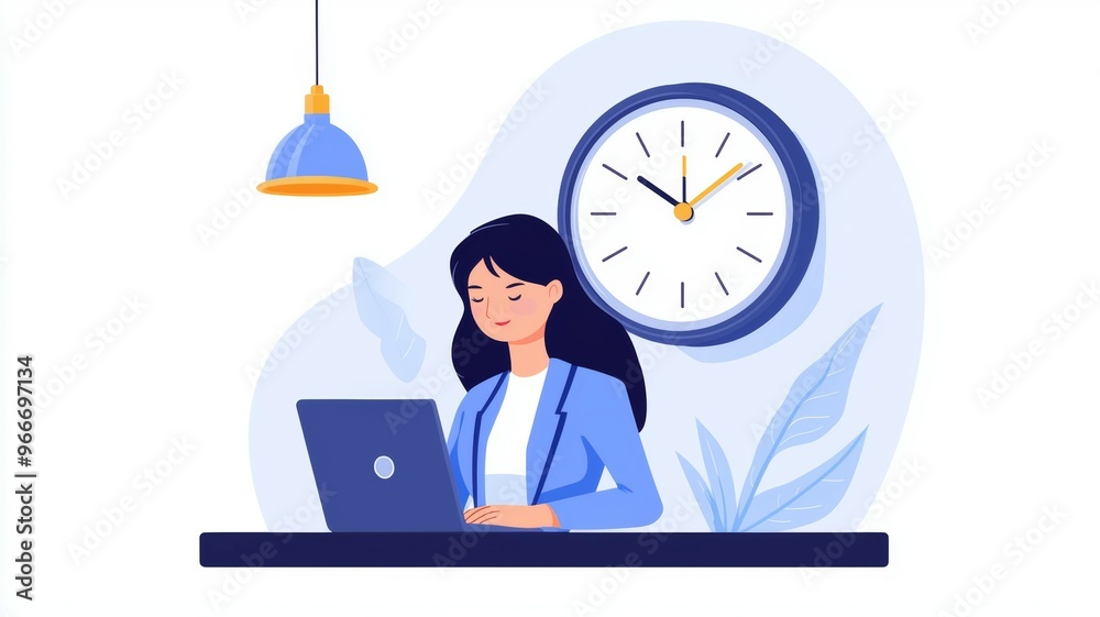 A woman is sitting at a desk with a laptop and a clock in the background A woman is sitting at a desk with a laptop and a clock in the background