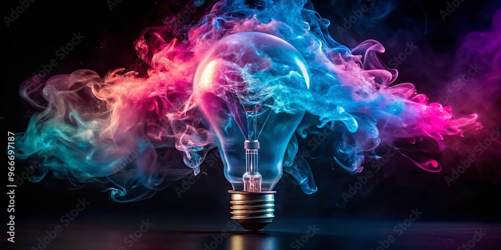 Fototapeta premium A whimsical light bulb emitting a colorful pink and blue cloud of smoke