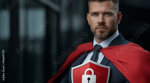 A man in a red cape with a red shield on his chest photo