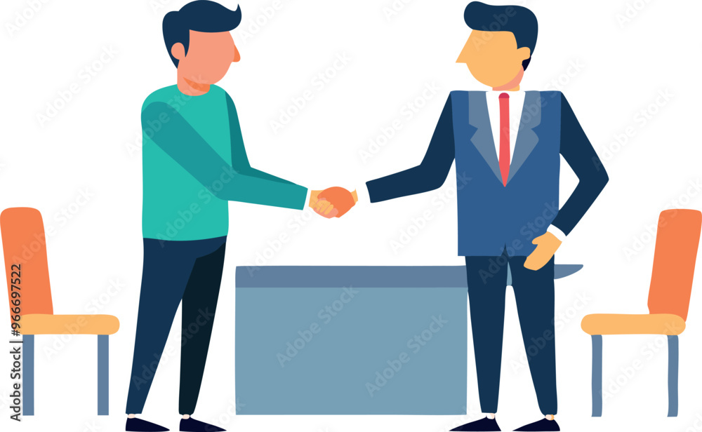 Two men shaking hands in front of a table with chairs. The man on the left is wearing a green shirt Two men shaking hands in front of a table with chairs. The man on the left is wearing a green shirt