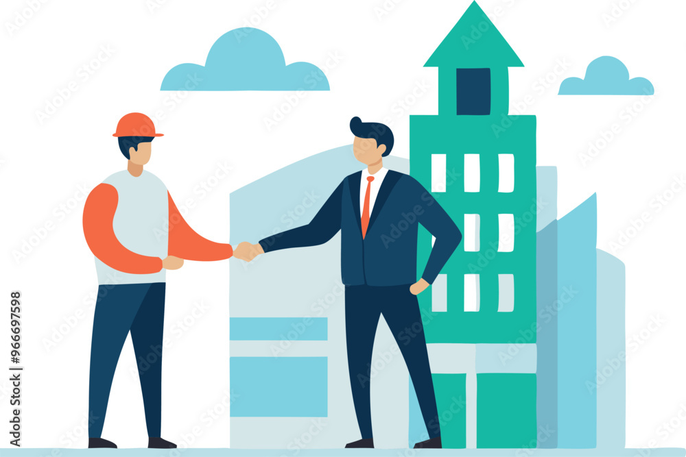 Two men shaking hands in front of a building. The man on the left is wearing a hard hat Two men shaking hands in front of a building. The man on the left is wearing a hard hat