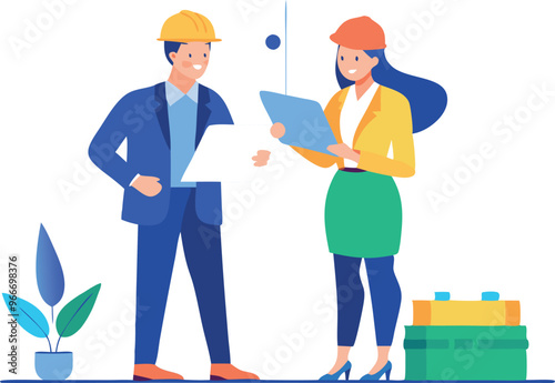 A man and a woman are standing next to each other, looking at a piece of paper. The man is wearing a hard hat and the woman is wearing a yellow jacket. They seem to be discussing something important