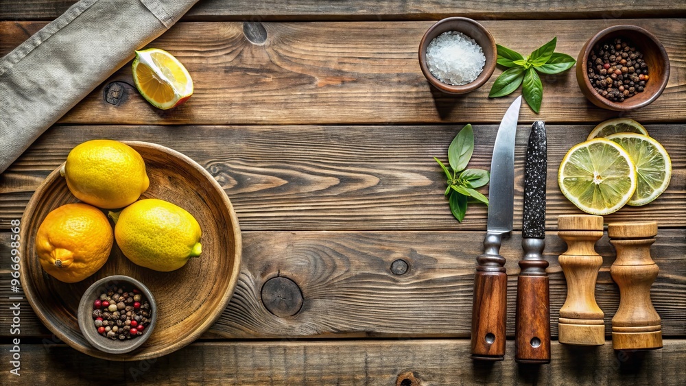 Table setting with bowls of food, lemons, peppercorns, knife, and salt and pepper grinder on wooden table Table setting with bowls of food, lemons, peppercorns, knife, and salt and pepper grinder on wooden table