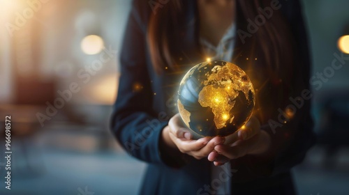 A businesswoman holding a glowing globe, representing global business reach.