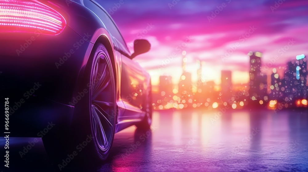A car is driving down a road with a city skyline in the background A car is driving down a road with a city skyline in the background