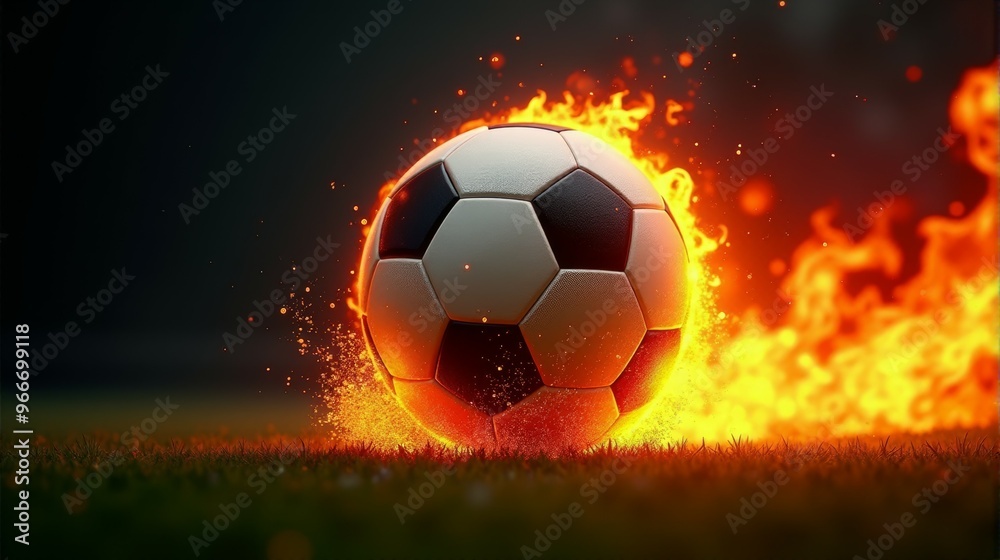 Fototapeta premium A soccer ball is on fire and surrounded by flames