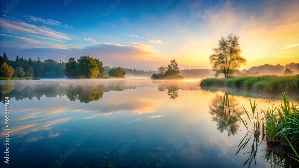 Fototapeta premium Tranquil lake at dawn with mist rising, perfect for meditation and relaxation