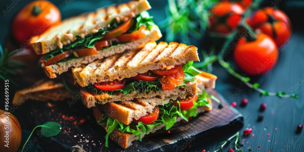 Tasty club sandwich featuring crispy bread and fresh tomatoes Tasty club sandwich featuring crispy bread and fresh tomatoes