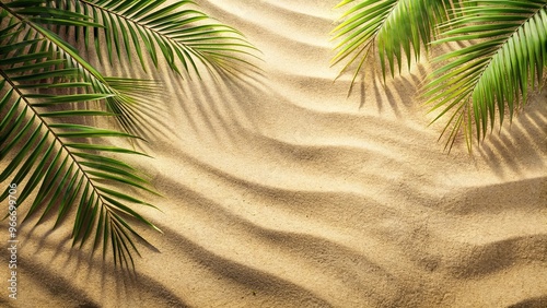Sandy beach background with shadows of palm leaves, perfect for summer designs