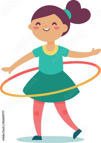 A girl is holding a hula hoop and smiling. The girl is wearing a green dress