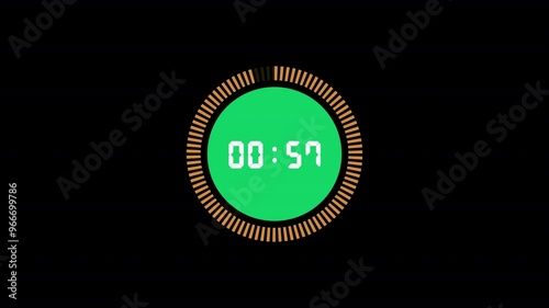 1 minute timer with digital numbers with circular ring strokes animation, 60 seconds reminder, clock of 1 minute deadline. photo