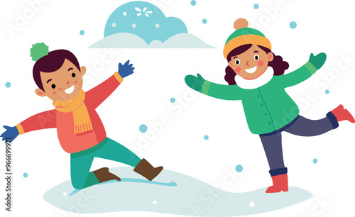 Two children are playing in the snow, one wearing a red scarf and the other wearing a green jacket